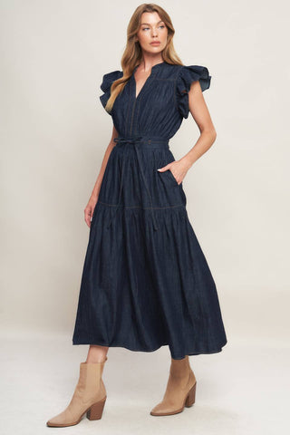 POWER DENIM GODDESS DARK INDIGO MIDI DRESS Flying Tomato