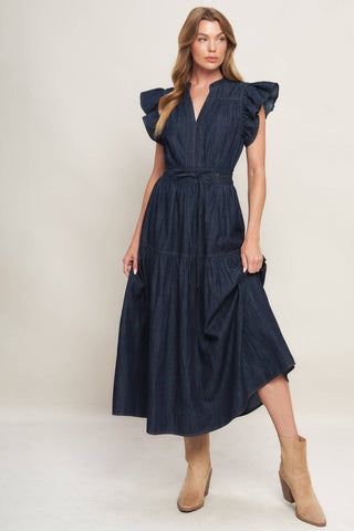 POWER DENIM GODDESS DARK INDIGO MIDI DRESS Flying Tomato