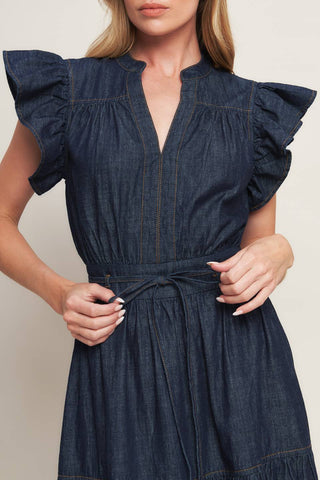 POWER DENIM GODDESS DARK INDIGO MIDI DRESS Flying Tomato