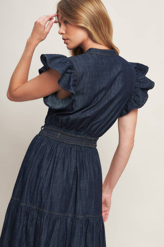 POWER DENIM GODDESS DARK INDIGO MIDI DRESS Flying Tomato