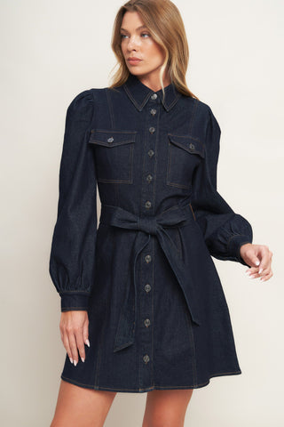 HOLIDAY DARK INDIGO DENIM MINI DRESS - By Baano