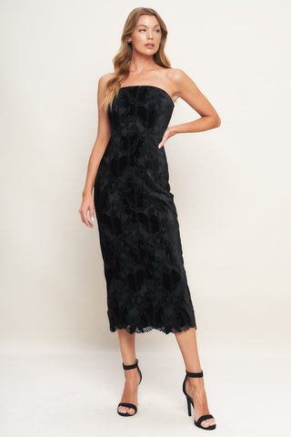 BLACK TEMPTATION WOVEN VELVET LACE MIDI DRESS - By Baano