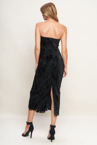 BLACK TEMPTATION WOVEN VELVET LACE MIDI DRESS - By Baano