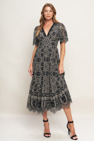 GOTHIC BLOOM WOVEN LACE MIDI DRESS - By Baano