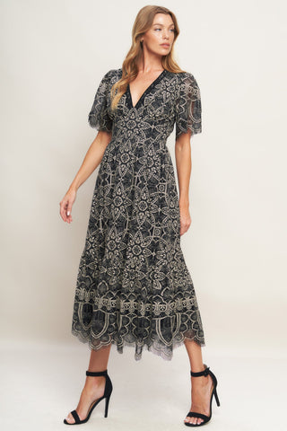 GOTHIC BLOOM WOVEN LACE MIDI DRESS - By Baano