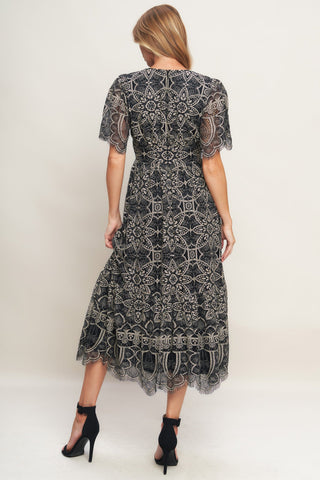 GOTHIC BLOOM WOVEN LACE MIDI DRESS - By Baano