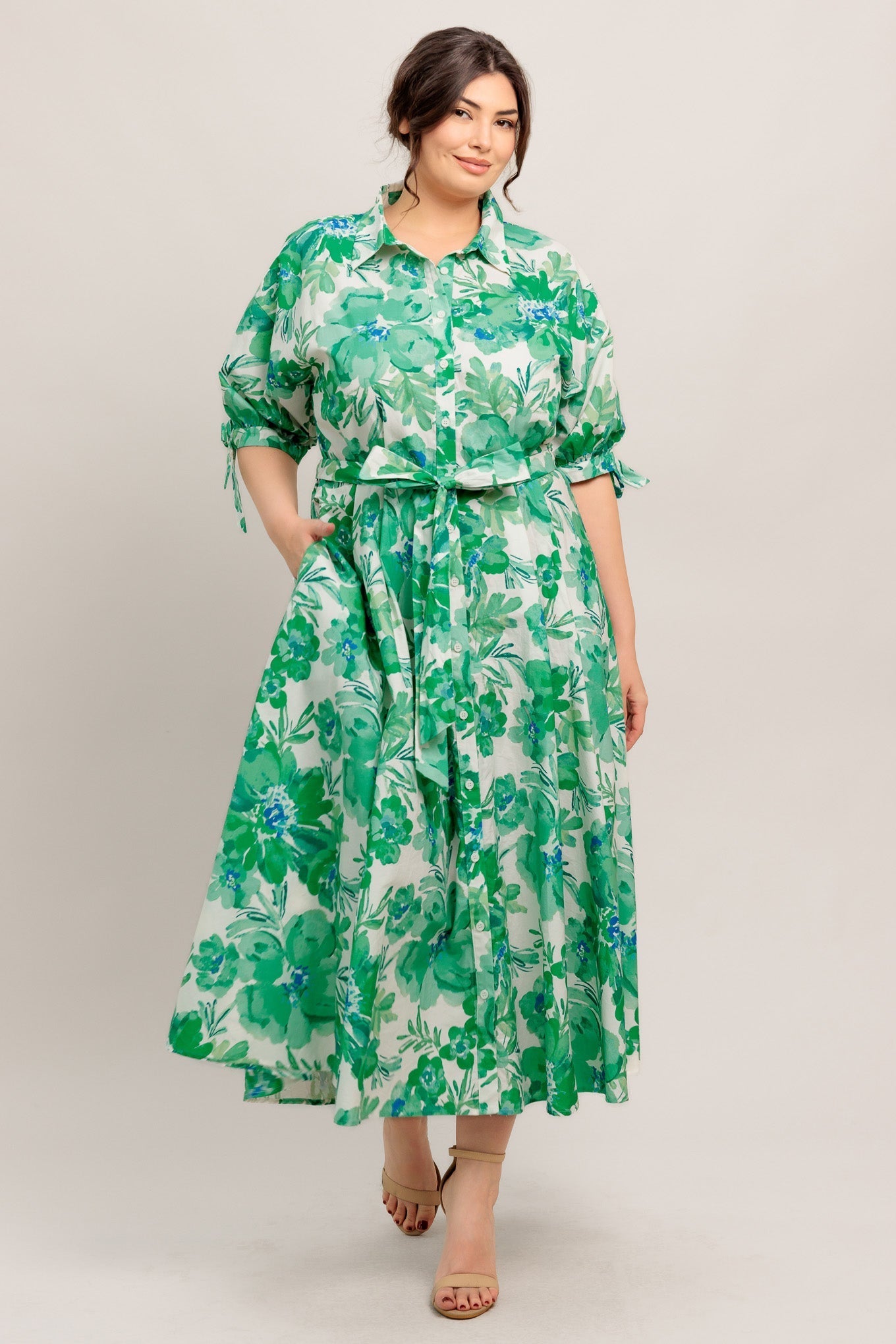 SIMPLY IN BLOOM WOVEN MIDI SHIRT DRESS