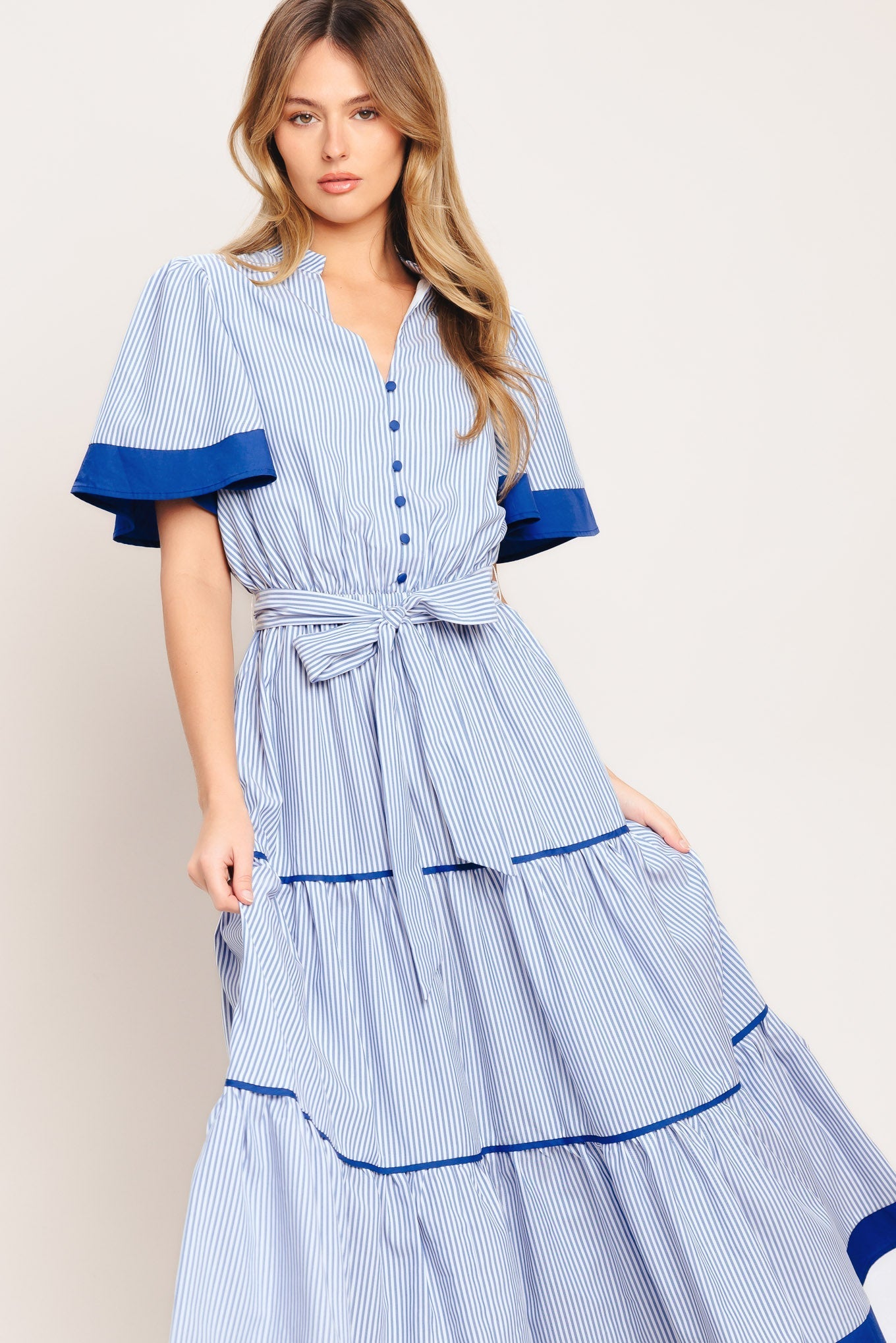 PARIS MORNING BLUE WOVEN MIDI DRESS Flying Tomato