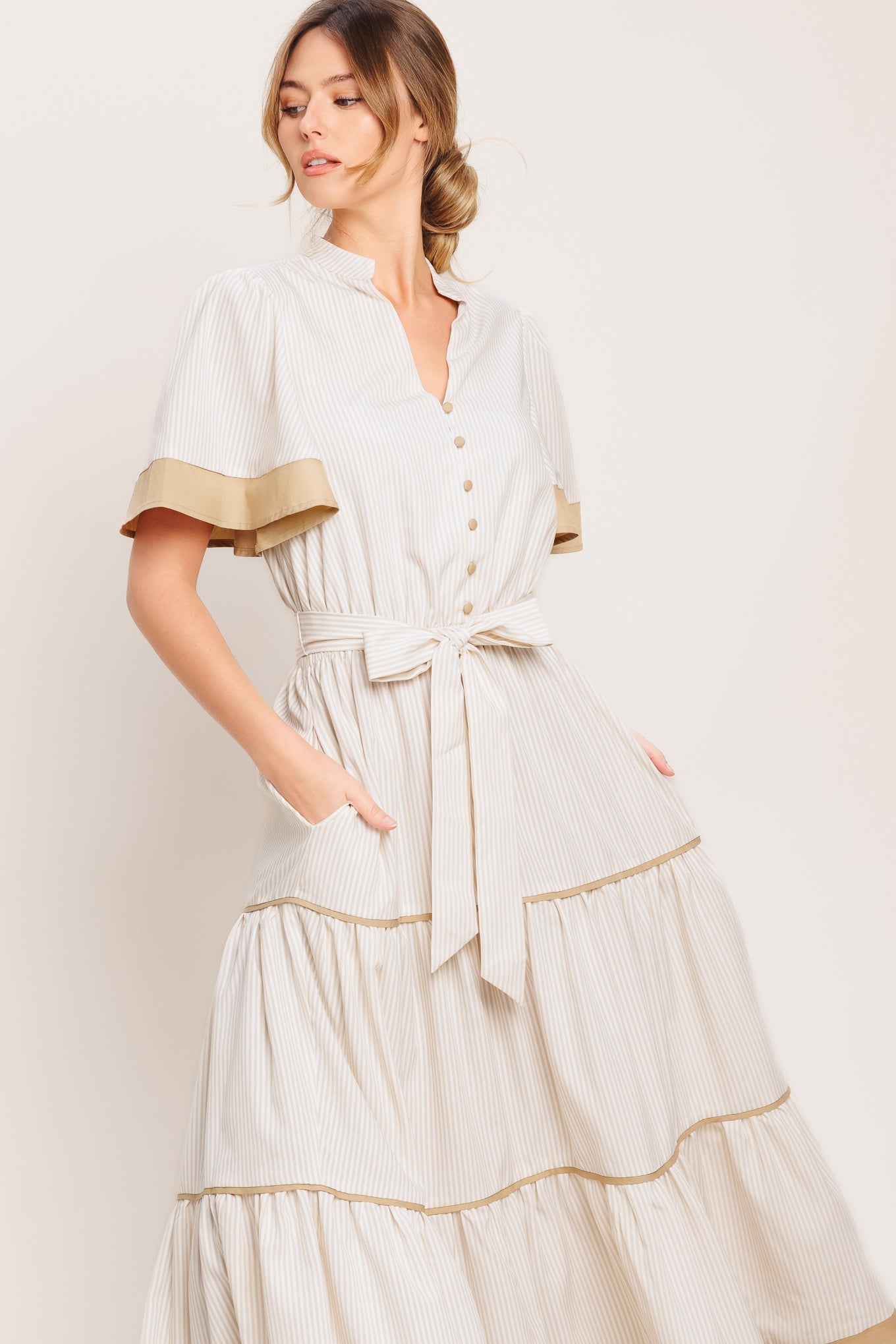 PARIS MORNING TAUPE WOVEN MIDI DRESS Flying Tomato