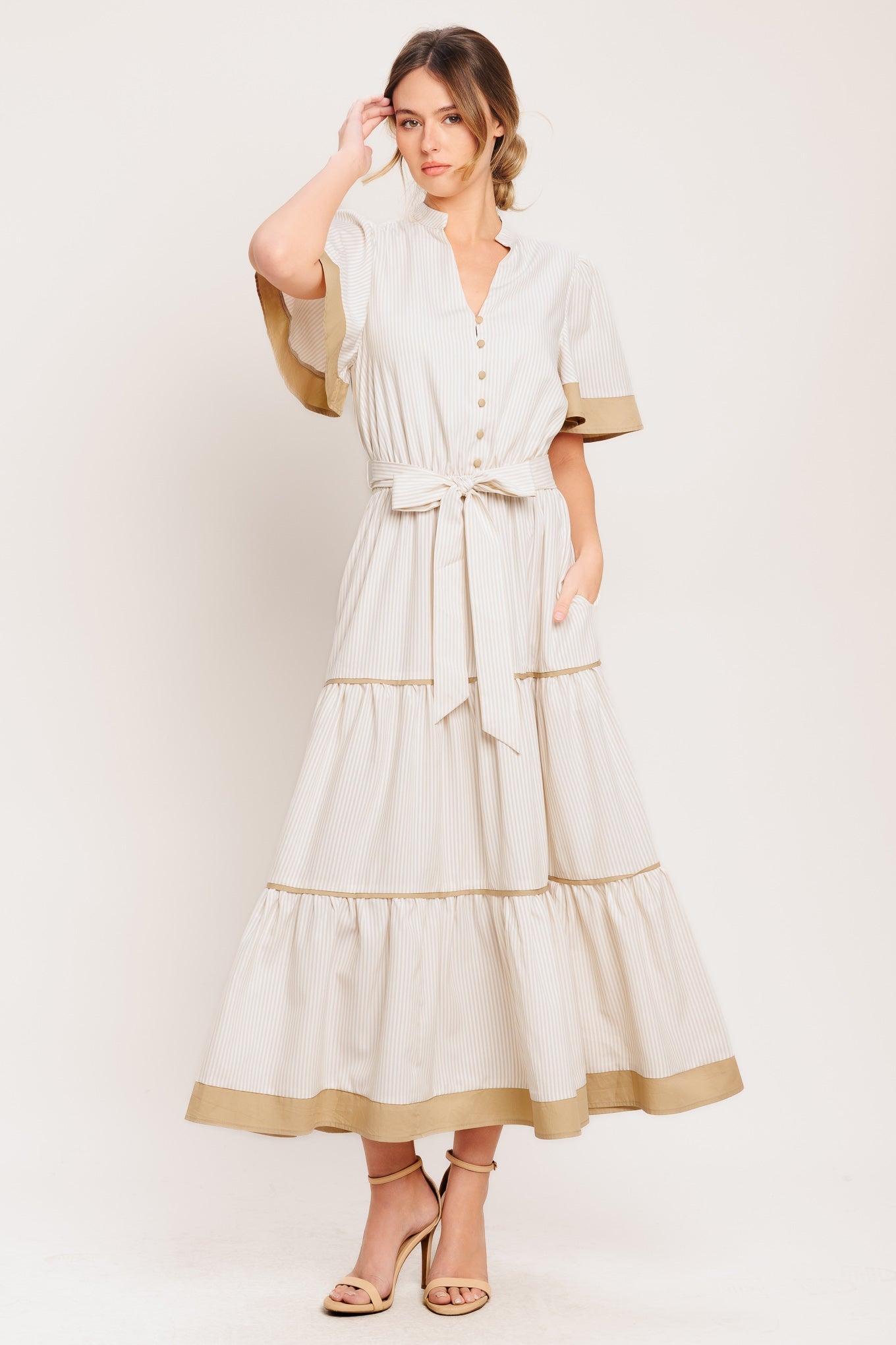 PARIS MORNING TAUPE WOVEN MIDI DRESS Flying Tomato