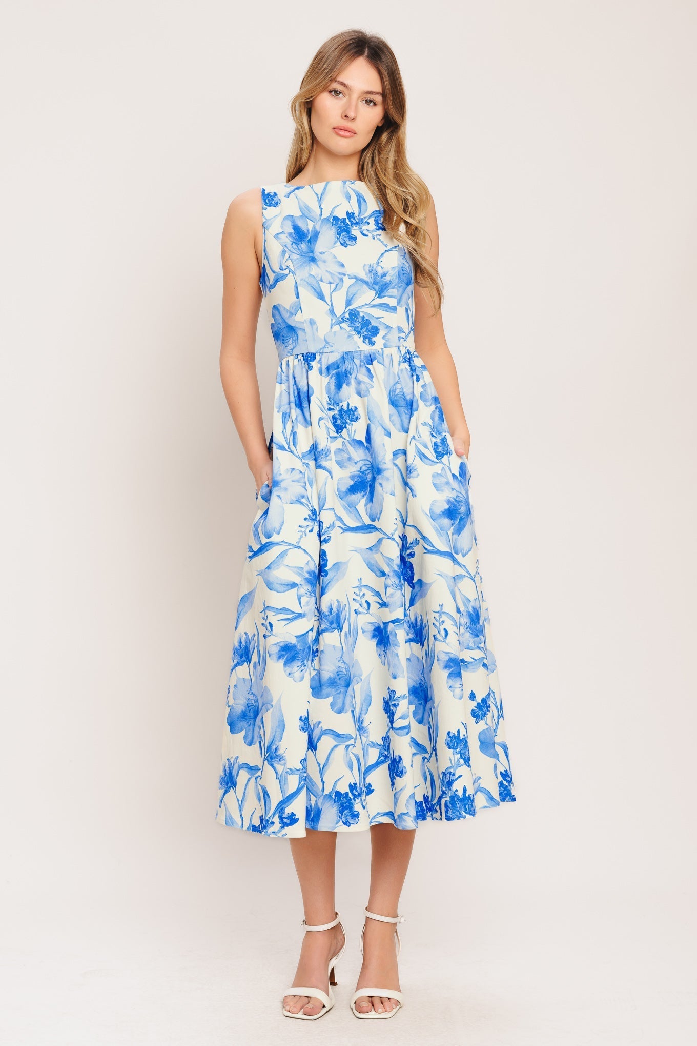 PORCELAIN FLORAL WOVEN MIDI DRESS Flying Tomato