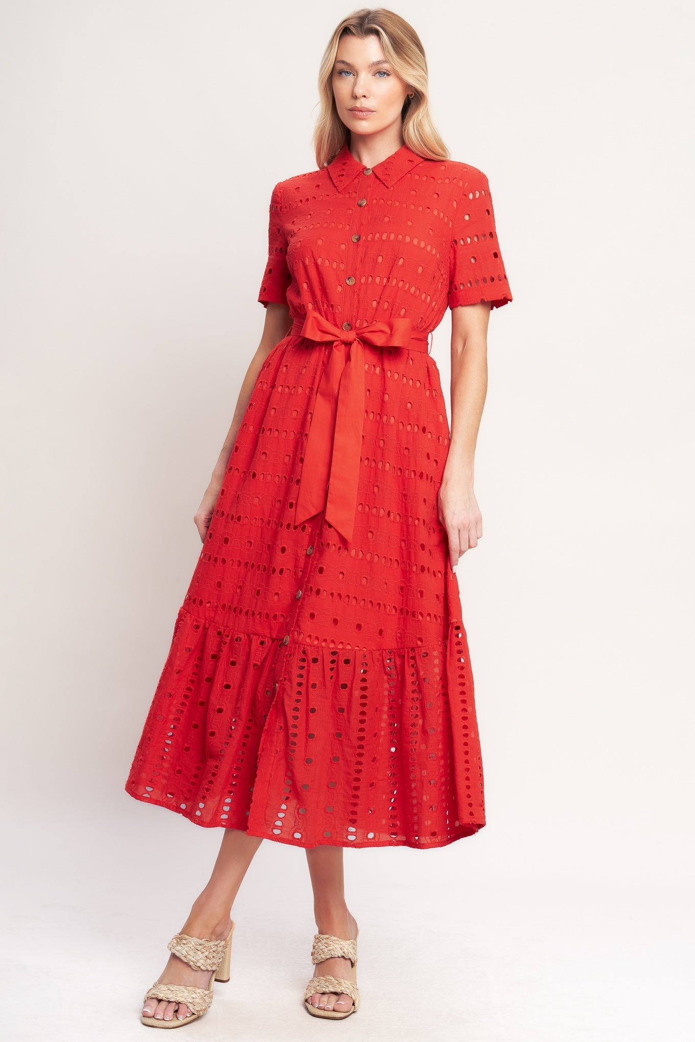 POWER SCARLET WOVEN EYELET MIDI DRESS Flying Tomato