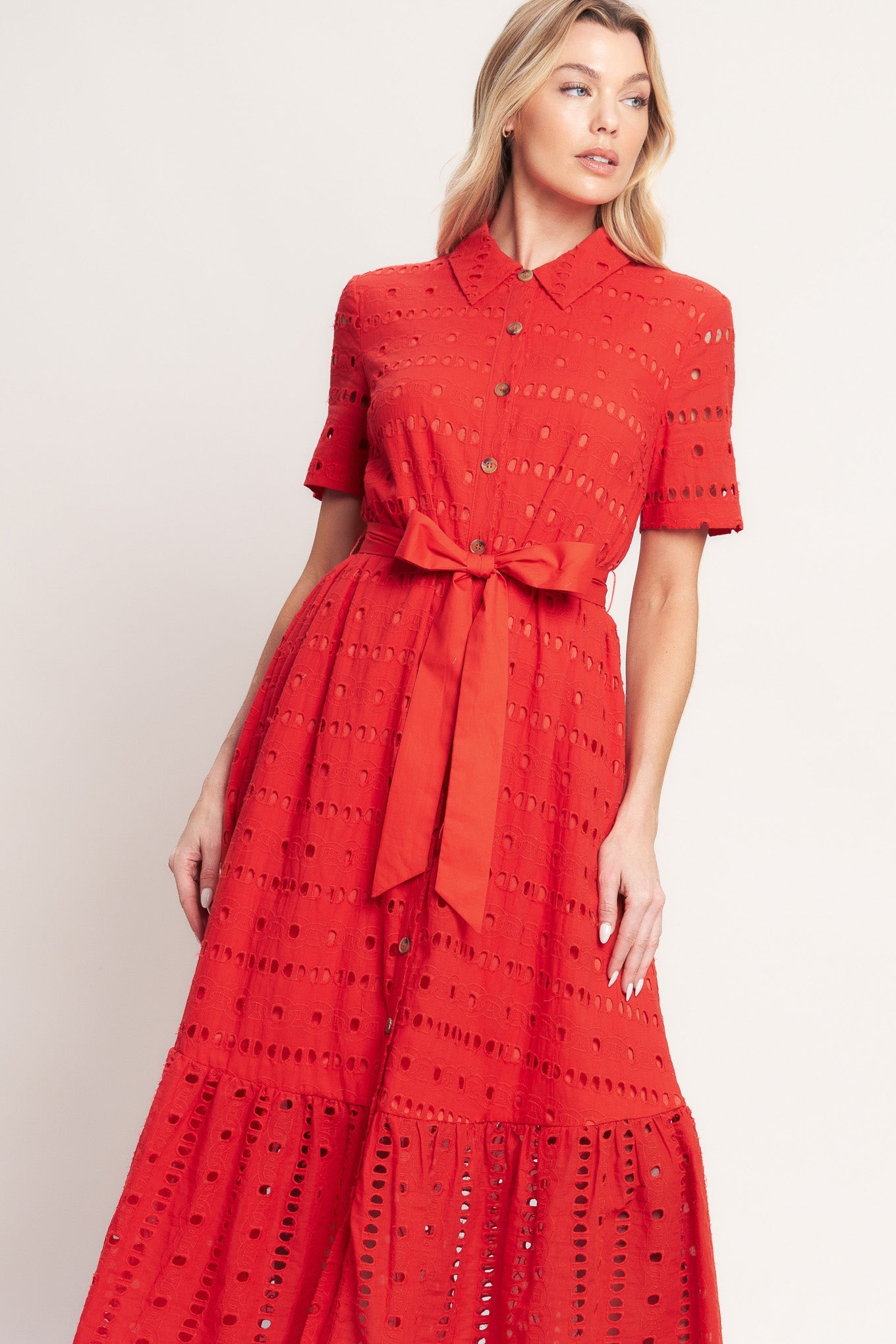 POWER SCARLET WOVEN EYELET MIDI DRESS