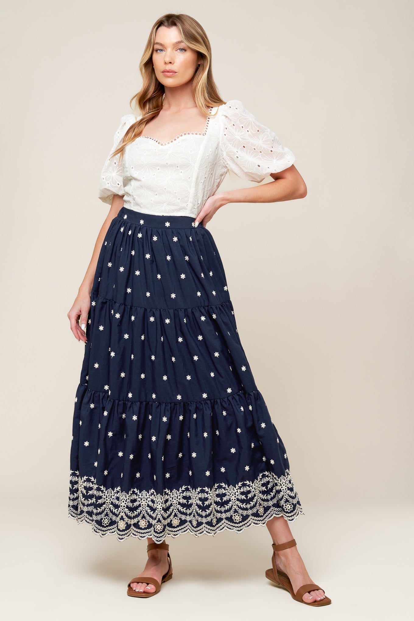 BEBE ALERT NAVY WOVEN MIDI SKIRT - By Baano