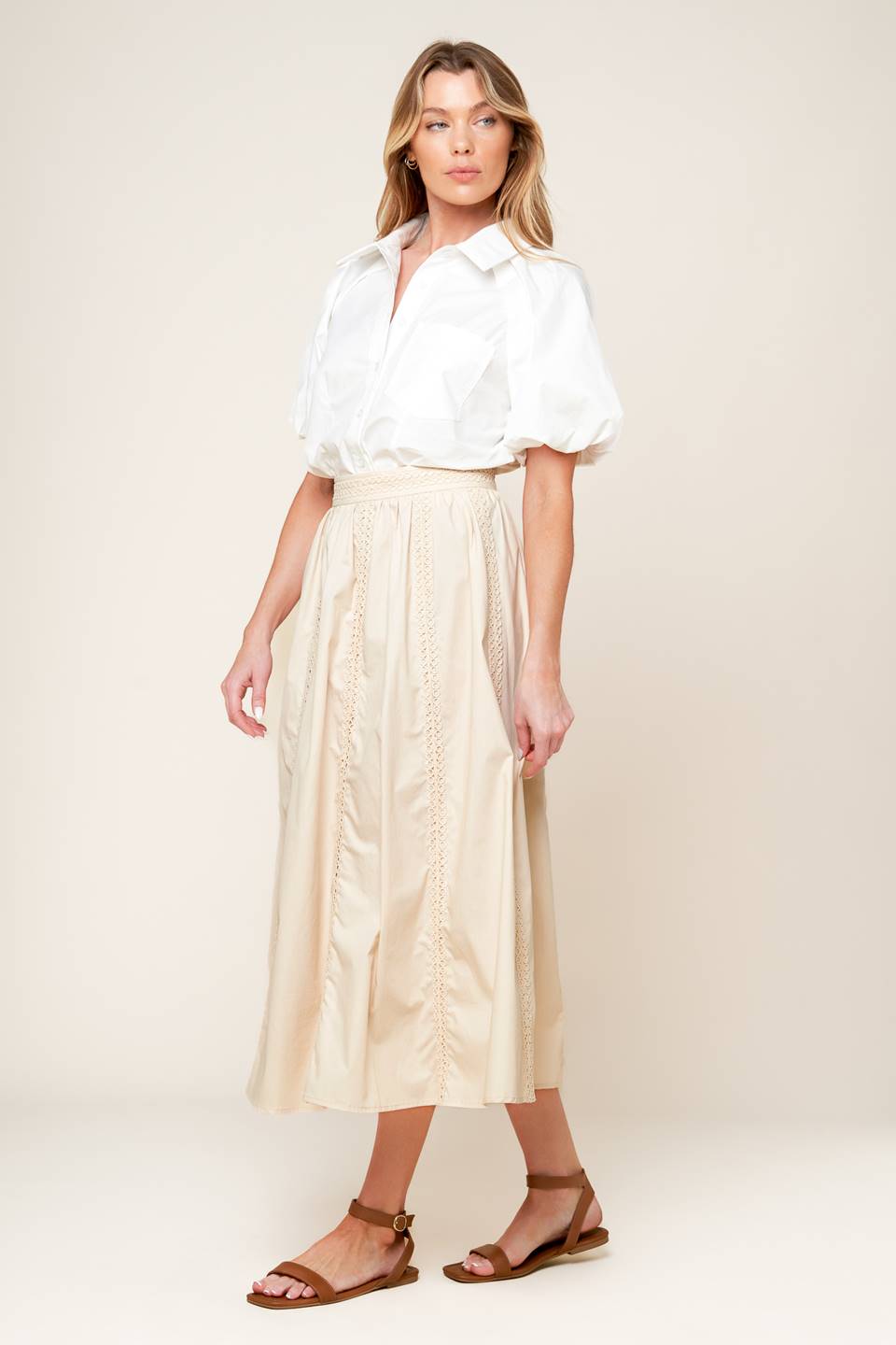 LAYTON CREAM WOVEN MIDI SKIRT - By Baano
