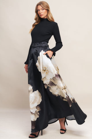 MIDNIGHT BLOOM BELTED WOVEN MAXI SKIRT - By Baano