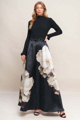 MIDNIGHT BLOOM BELTED WOVEN MAXI SKIRT - By Baano