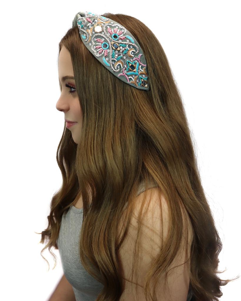 Floriated and Embroidered Wide Headband (Grey Blossoms)