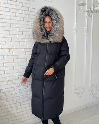 Genuine Silver Fox Fur Trim Long Down Fill Coat - By Baano