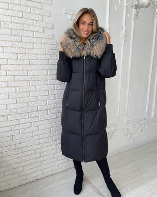 Genuine Silver Fox Fur Trim Long Down Fill Coat - By Baano