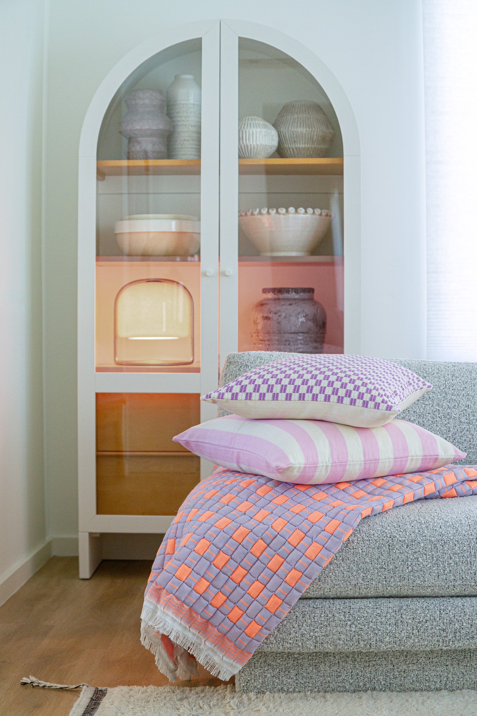 Quilted Sujani Throw Blanket - Pastel Lilac and Neon Orange