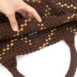 The Charli | Large Woven Neoprene Tote with Wristlet | Cocoa with Gold Stripe