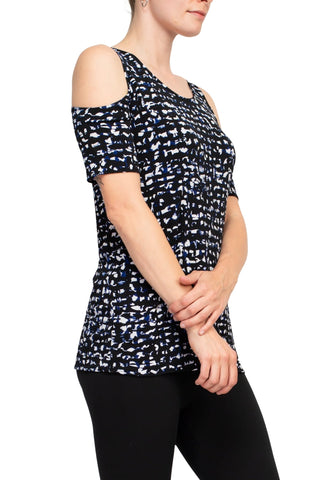 Leota Scoop Neck Cutout Shoulder Short Sleeve Multi Print Jersey Top - By Baano