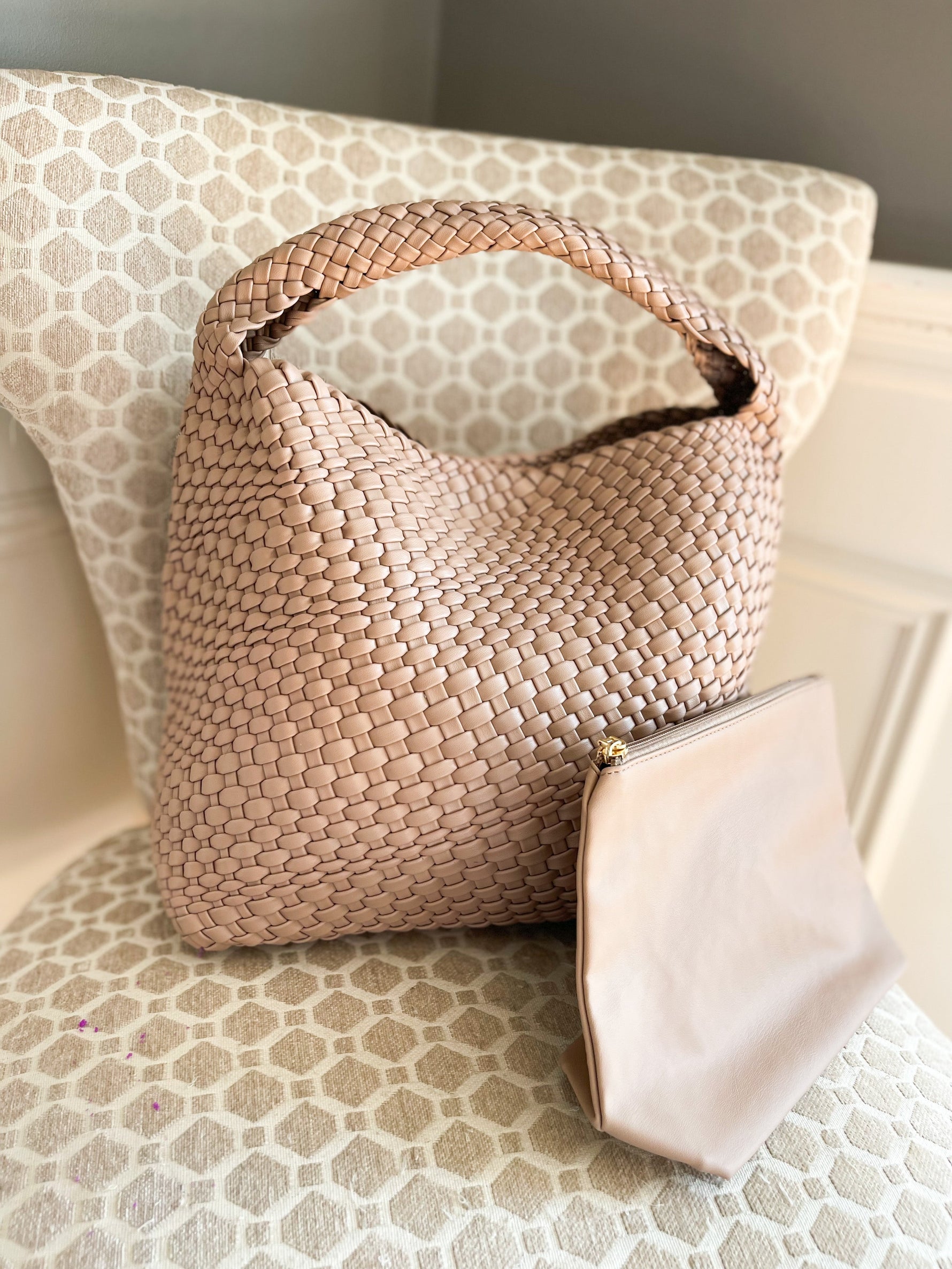 The Willow | Large Woven Vegan Leather Tote - Khaki