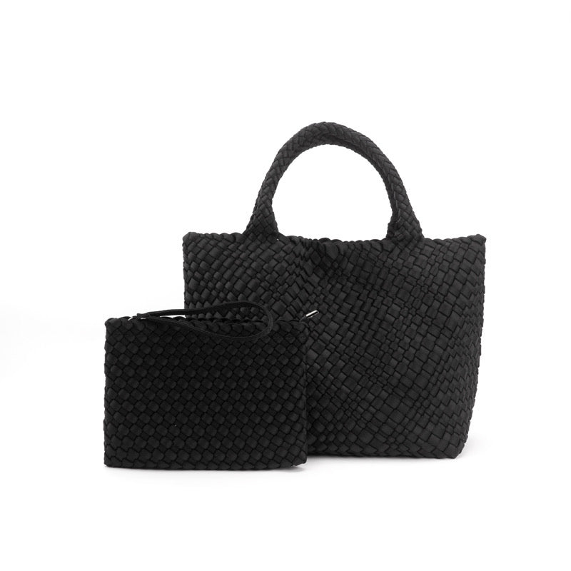 The Charli | Large Woven Neoprene Tote with Wristlet | Black
