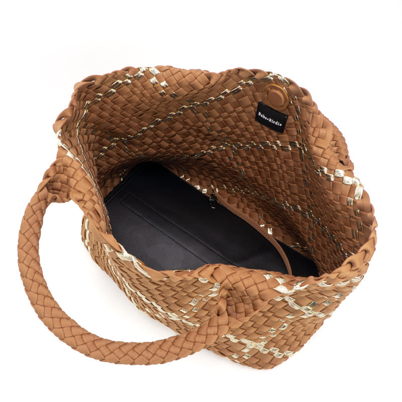 The Charli | Large Woven Neoprene Tote with Wristlet | Almond with Gold Stripe
