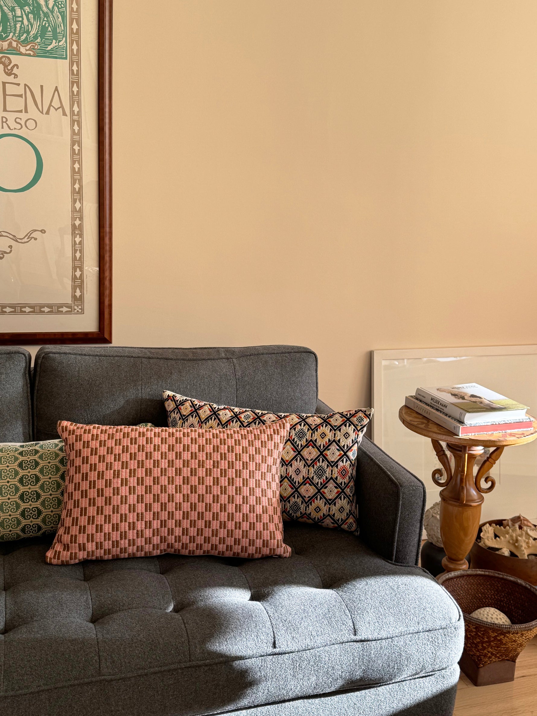 Checkered Brocade Pillow - Pink & Umber