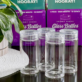 Skinny Series Glass Bottles Set w/ Crystal Clear Lids, 10 oz