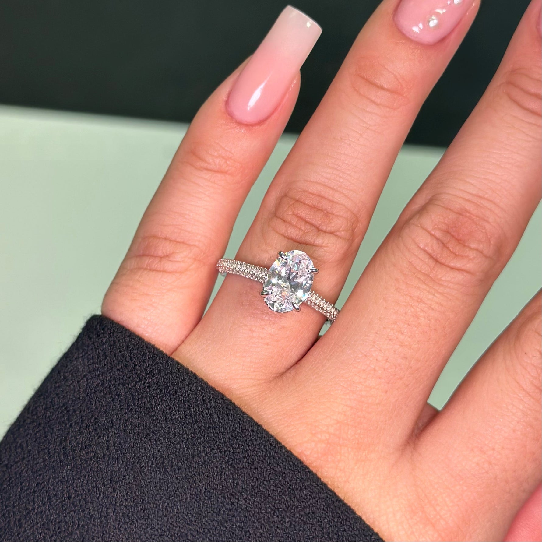 2.5ct Oval Cut Three Row Pavè Moissanite Engagement Ring Ring Deluxe Fine Jewelry