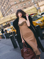 Rayanne Chestnut Strapless Fur-Trimmed Sweetheart Midi Dress