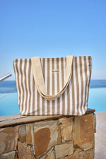 Beige Striped Cotton Beach Bag with Zipper CA2503-1 - By Baano