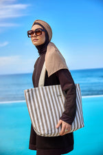 Beige Striped Cotton Beach Bag with Zipper CA2503-1 - By Baano