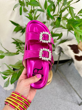 Stellar Rhinestone Buckle Slides in Fuschia Naughty Monkey