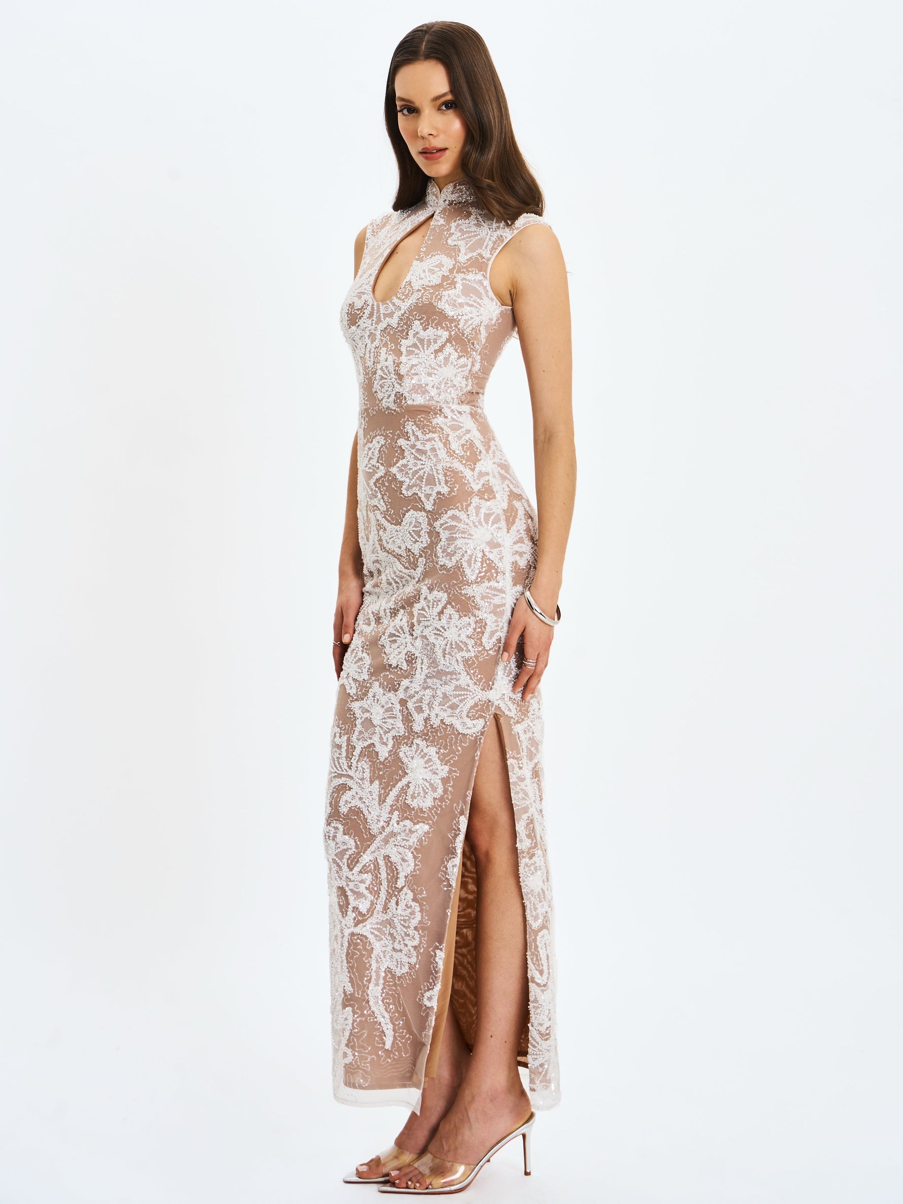 Tavia White Beaded Teardrop Neckline Maxi Dress Miss Circle