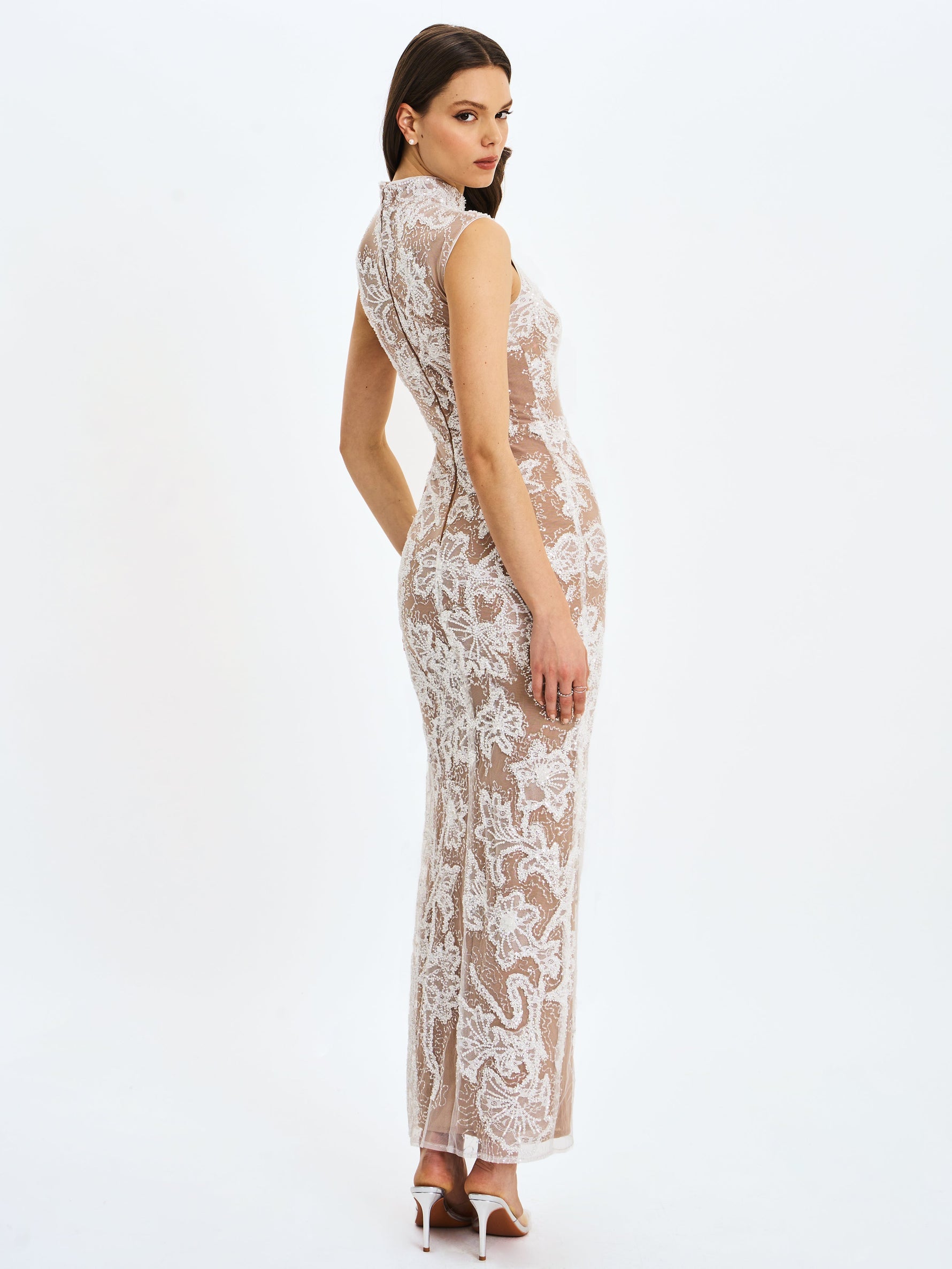 Tavia White Beaded Teardrop Neckline Maxi Dress Miss Circle