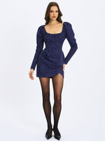 Denise Navy Tweed Ruched Puff Sleeve Mini Dress Miss Circle