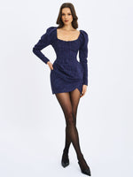 Denise Navy Tweed Ruched Puff Sleeve Mini Dress Miss Circle