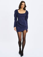 Denise Navy Tweed Ruched Puff Sleeve Mini Dress Miss Circle