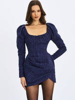 Denise Navy Tweed Ruched Puff Sleeve Mini Dress Miss Circle