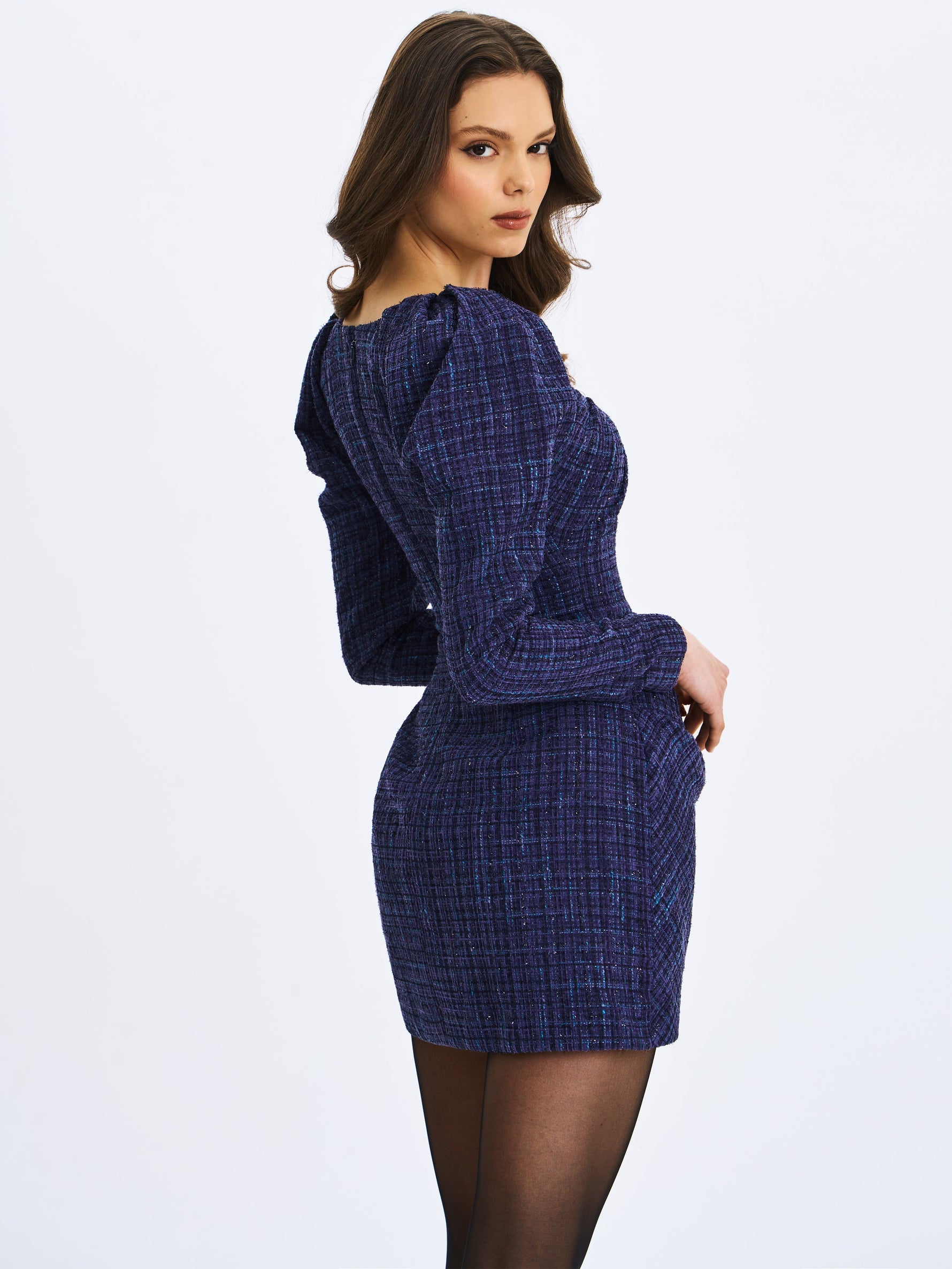 Denise Navy Tweed Ruched Puff Sleeve Mini Dress Miss Circle