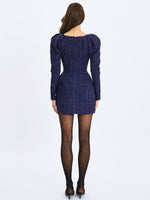 Denise Navy Tweed Ruched Puff Sleeve Mini Dress Miss Circle