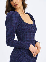 Denise Navy Tweed Ruched Puff Sleeve Mini Dress Miss Circle