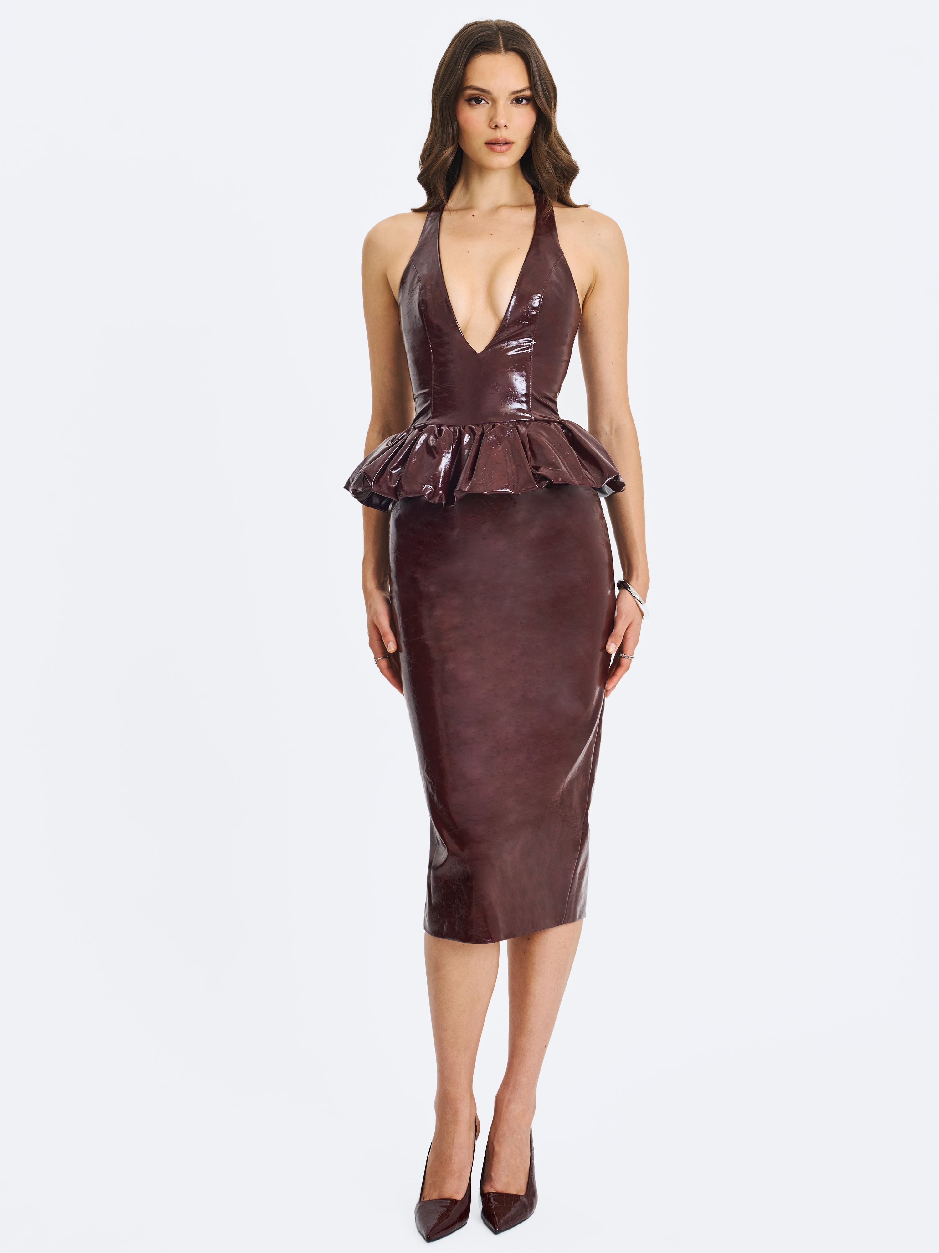 Jaslene Mahogany Ruched Peplum Plunge Halter Midi Dress Miss Circle
