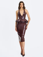 Jaslene Mahogany Ruched Peplum Plunge Halter Midi Dress Miss Circle