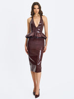 Jaslene Mahogany Ruched Peplum Plunge Halter Midi Dress Miss Circle