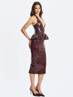 Jaslene Mahogany Ruched Peplum Plunge Halter Midi Dress Miss Circle